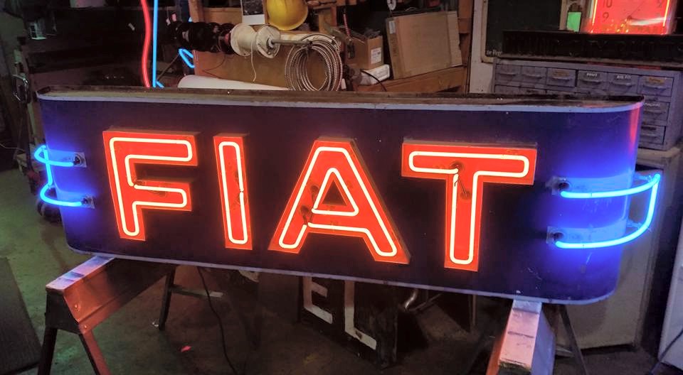 Vintage Fiat automobile neon sign restoration